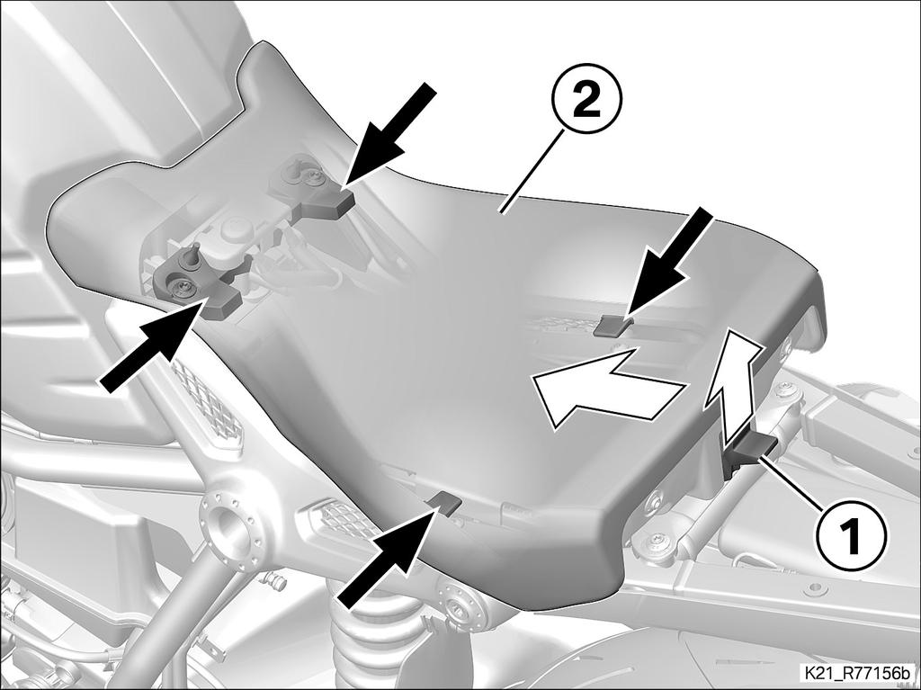 8 Fahrersitz einbauen Verriegelung (1) anheben und Fahrersitz (2) einsetzen, dabei auf Laschen (Pfeile) achten. Darauf achten, dass die Verriegelung (1) in unterer Stellung ist.
