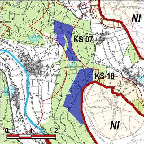 Kennung: KS 10 Spieker-Berg Oberweser Oedelsheim Flächengröße Suchraum: 237 ha Vorranggebiet: 131 ha 5.75 m/s bis unter 6.