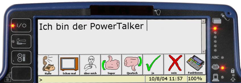 Die Vorderseite des PowerTalkers Ladekontroll- EIN/AUS- Toolbox Tracker- Anzeige leuchte Taste ein/aus Fenster aktiver Benutzerbereich (1-6) Batterie- benutzer- Status- Anzeige kontroll-