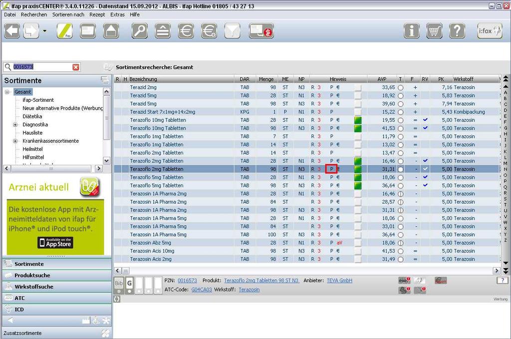 9.3 Kennzeichnung von PIM Präparaten Befindet sich ein Präparat, welches Sie suchen, in der Priscus-Liste, so ist dies in der ifap Arzneimitteldatenbank ab sofort mit einem P gekennzeichnet (s.