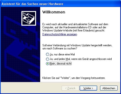 Treiberinstallation am Beispiel des Betriebssystems Windows XP: Auf dem Bildschirm erscheint nun automatisch das Fenster Assistent für das