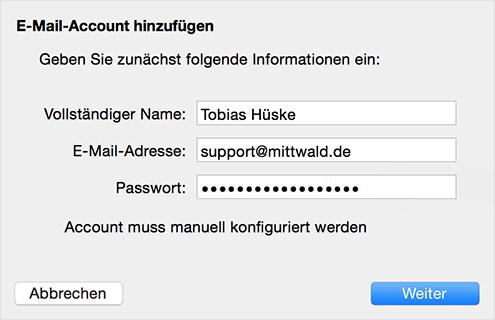 Da die Einstellungen für den Posteingangs- und Postausgangsserver nicht automatisch erkannt werden können ( Account muss manuell konfiguriert werden ), bestätigen Sie den nachfolgenden Dialog auf dem