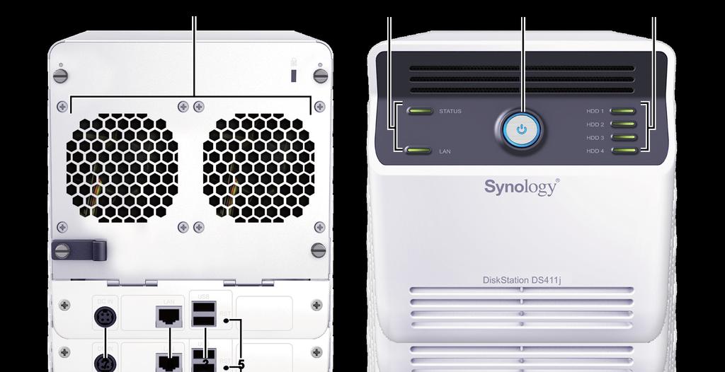 DISKSTATION AUF EINEN BLICK Nr. Name Ort Beschreibung 1) Ein/Aus-Taste Vorderes Bedienfeld Mit der Ein/Aus-Taste schalten Sie die Synology DiskStation ein und aus.