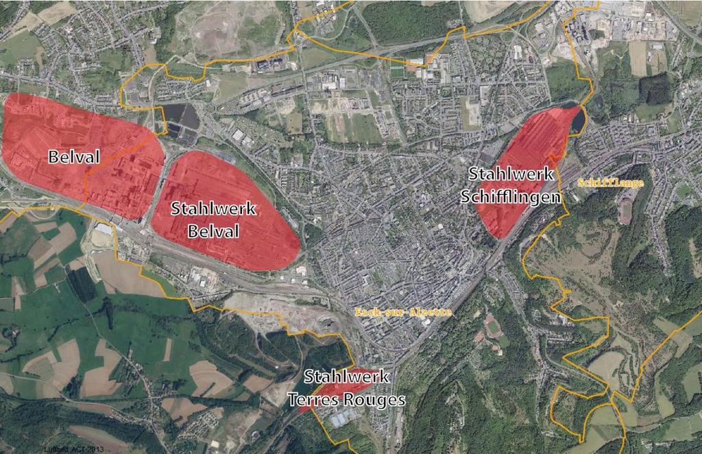 Seite 52 120 ha, zusätzlich in zwei Gemeinden gelegen (Esch-sur-Alzette und Sanem), sieht im ersten Masterplan eine Entwicklung im Endausbau 2021 von rund 20.000 Arbeitsplätzen und Einwohnern vor.