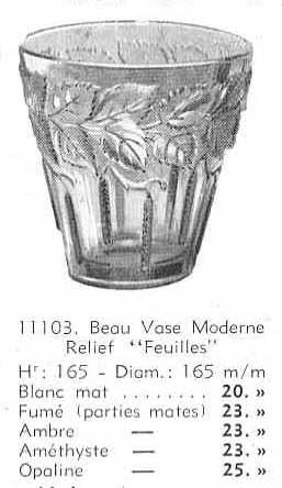 Abb. 2004-2-01/002 Vase mit (Birken- oder Erlen-)Blättern farbloses Pressglas, mattiert, H 16,5 cm, D 16,5 cm auch rauchgrau, bernstein, amethyst, opaline MB Markhbeinn 1936, Pl. 54, Nr.