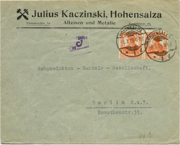 Nur dieses Exemplar bekannt. Brief aus HOHENSALZA (polnisch Jnowrocław) vom 8. März 1919 mit dem polnischen Zensurstempel J.