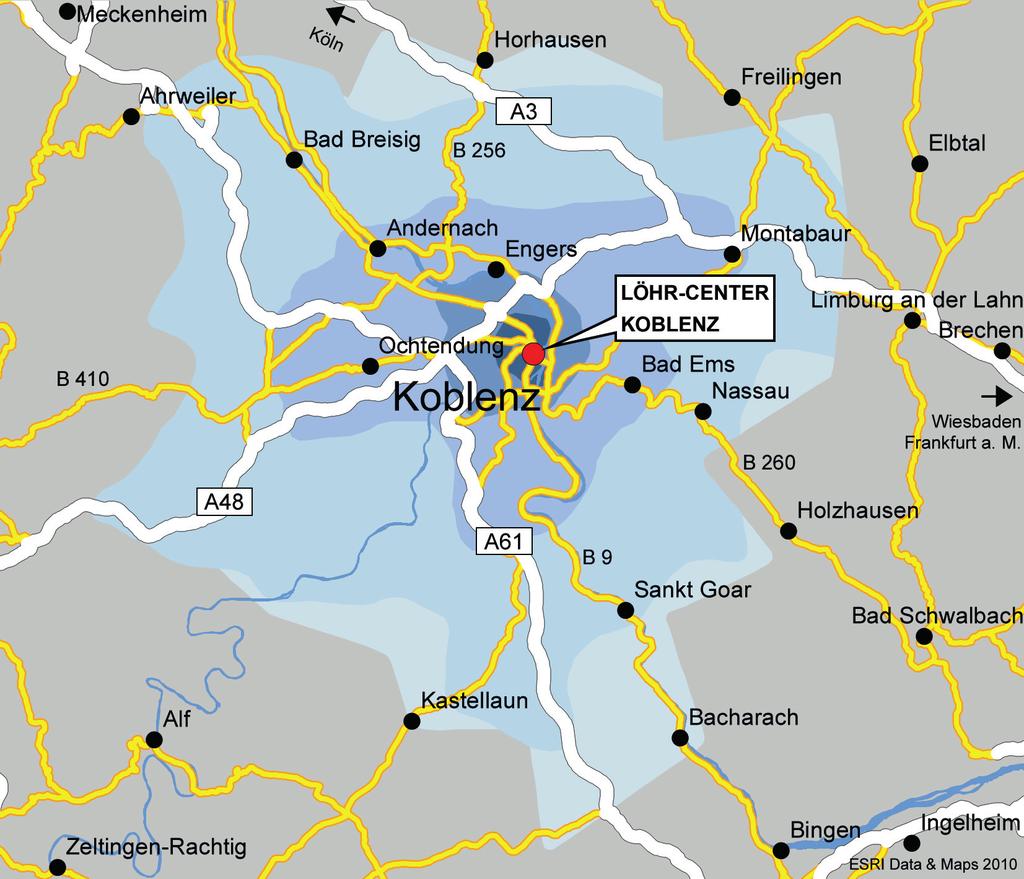 Erreichbarkeit / Einzugsgebiet Das Löhr-Center befindet sich inmitten der Koblenzer City mit direkter Anbindung an die Fußgängerzone