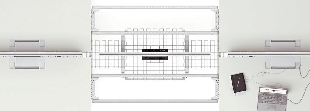 Beispiel für Untertischelektrifizierung on Tischanlagen: Kabelkorb für Doppeltisch, Verbindungskabelkorb, Untertisch- Steckdose Tens