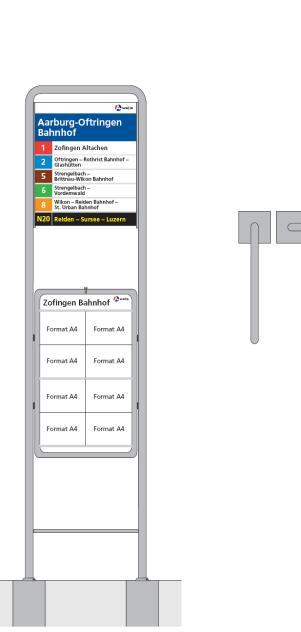 Die Ständer bestehen aus einem Kopf (Haltestellentafel) sowie einer an der Stange montierten Informationstafel mit Papieraushängen.
