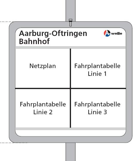 Anstelle der Haltestellentafel ist bei wichtigen Haltestellen an gleicher Position auch eine dynamische Abfahrtsanzeige im A-Welle-Design möglich. Informationstafel (Fahrplankasten) Im A-Welle-Design.