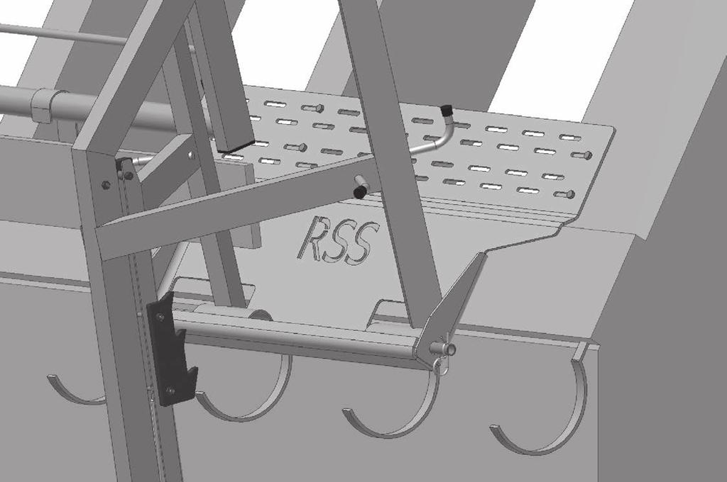 B Einzelteile der RSS Sicherheitsfußplatte Die RSS Sicherheitsfußplatte besteht aus den folgenden 4 Einzeilen: 1) Fußplatte, komplett Basisplatte Sicherungsstange 2 Stück Sicherungssplinte C Auf- und