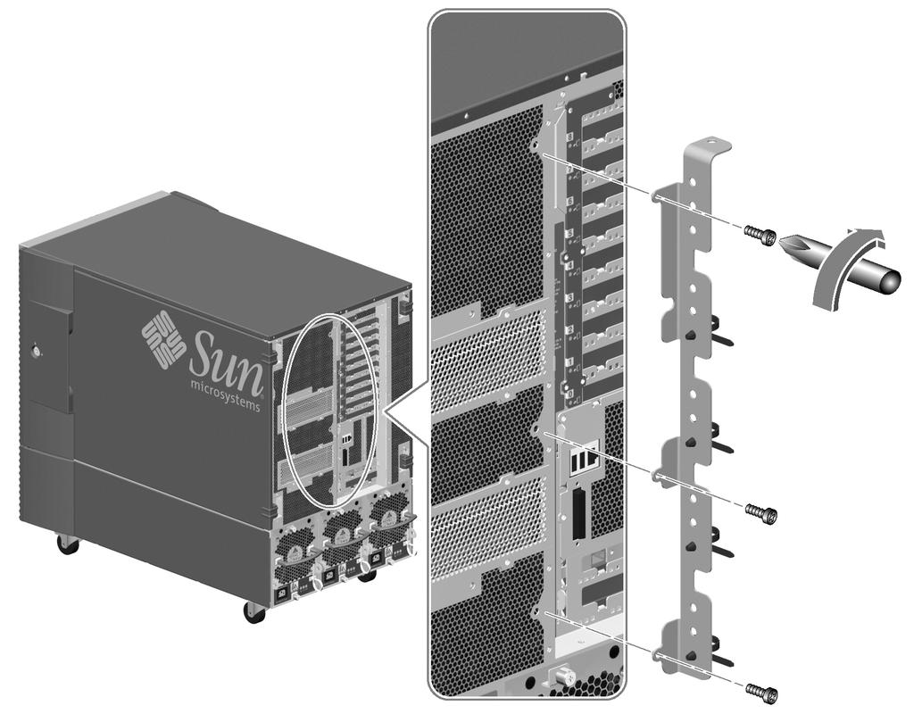 Befestigen der Kabelführungsklammer am Server Durch die Kabelführungsklammer, die auf der Rückseite des Servers befestigt wird, kann einer unnötigen Beanspruchung der Kabel vorgebeugt werden.