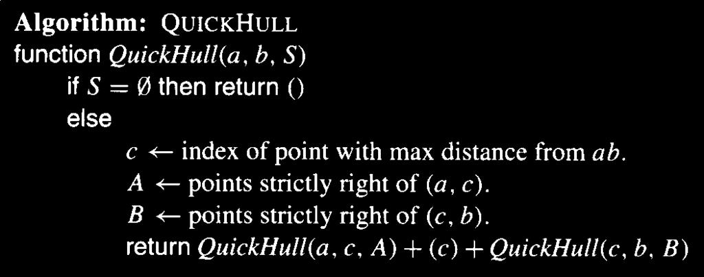 Pseudocode: (aus O'Rourke 1998) Komplexität: QuickHull bestimmt die konvexe Hülle einer gegebenen Menge von n Punkten im
