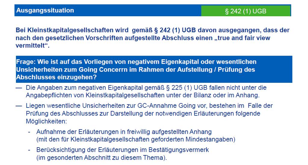 Auslegung Going Concern Negatives EK bei