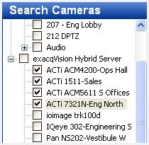 Grundlegende Funktionen des Such-Modus Um nach Video oder Daten zu suchen, wählen Sie eine oder mehrere Kameras oder Geräte mithilfe der Kontrollkästchen im Kamera- Suchbaum aus.