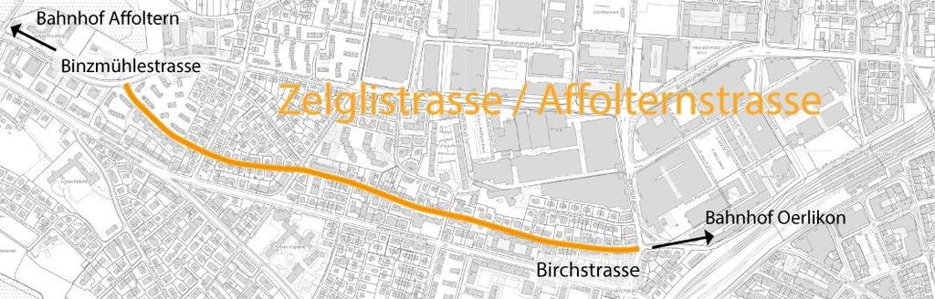 Zwei Teststrecken in Zürich Zelglistrasse / Affolternstrasse Zufahrtsachse zum Zentrum Oerlikon / Bahnhof Oerlikon Teil der Verbindung zwischen den Bahnhöfen