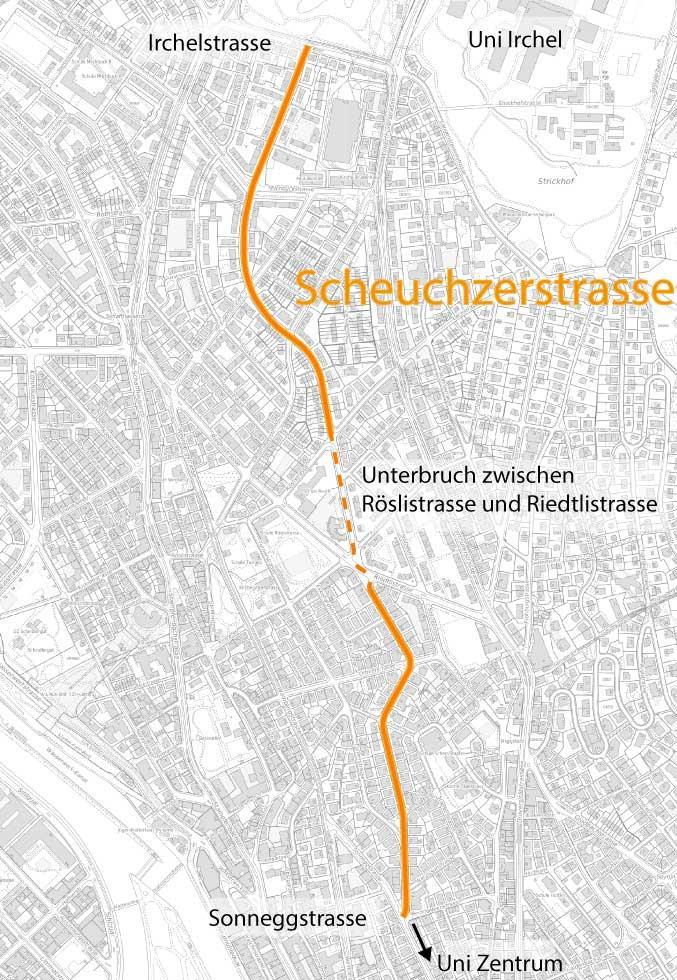 Zwei Teststrecken in Zürich Scheuchzerstrasse wichtige Zufahrtsachse zum Zentrum wichtige Pendlerroute empfohlene Route zwischen den