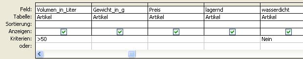 75. Wie ändern Sie die Abfrage so ab, dass Sie entweder alle Artikel mit einem Volumen über 50 oder alle wasserdickten Produkte erhalten? 76.