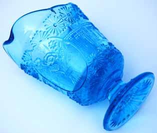 Zuckerschale Queen Victoria, aus Measell 2001, S. 28 Die blaue Farbe der Pressgläser von Reich schwankt von reinem Blau durch Kupfermineralien bis zu grauen und grünen Nebentönen.