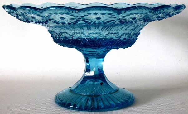 80 %) Zuckerschale, Rosetten mit 18 Punkten, Mäander mit Reihen von 2 Perlen, Oval mit Blumenstrauß blaues Pressglas, H 10,7 cm, D 19,3 cm Sammlg.