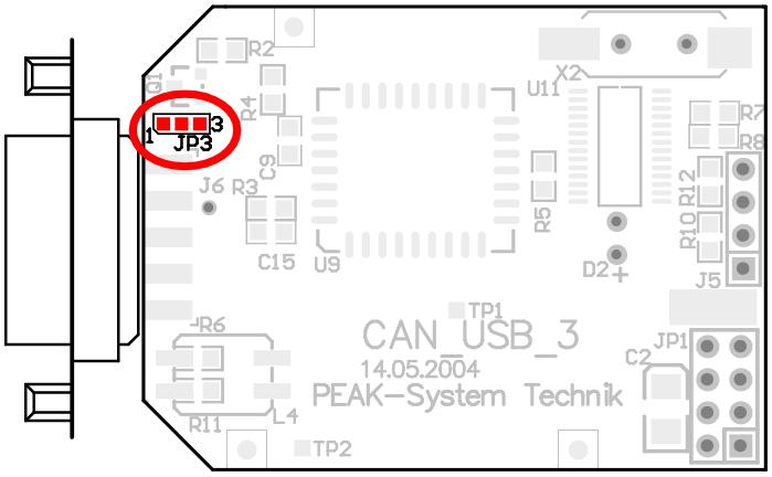 3. Setzen Sie die Lötbrücke je nach Ausführung des PCAN-USB an der vorgesehenen Stelle auf der Platine (siehe Abbildungen und Tabelle unten). 4.