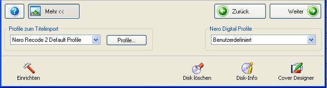 Im Vergleich zum Kopier- und zum Zusammenstellungsfenster einer DVD sind auf dem Importfenster zwei neue Button vorhanden. Die beiden Button sind nur aktiv, wenn ein DVD-Video Titel importiert wurde.