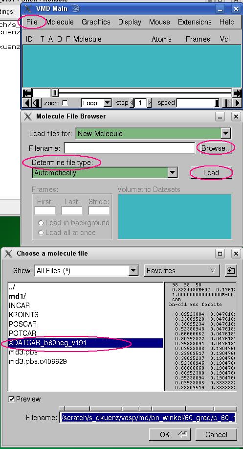 Trajektorie laden Mit File => New molecule das Öffnen der Datei beginnen (neues Fenster öffnet sich) Den Dateinamen (XDATCAR) bei