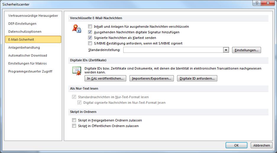 Öffnen Sie hierzu zunächst das Sicherheitscenter über Datei Optionen Sicherheitscenter Einstellungen für das Sicherheitscenter E-Mail- Sicherheit.