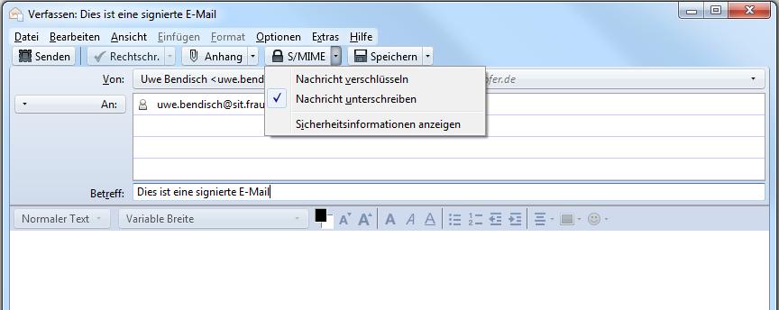 4.4.4 Senden von signierten und/oder verschlüsselten E-Mails mit Mozilla Thunderbird Hinweis: Die Screenshots wurden unter Verwendung von Mozilla Thunderbird in der Version 9 angefertigt.