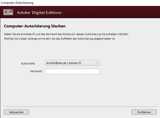 Hinweis: Autorisierung löschen Sollten Sie die Computer-Autorisierung löschen wollen, wechseln Sie zum Startbildschirm von Adobe