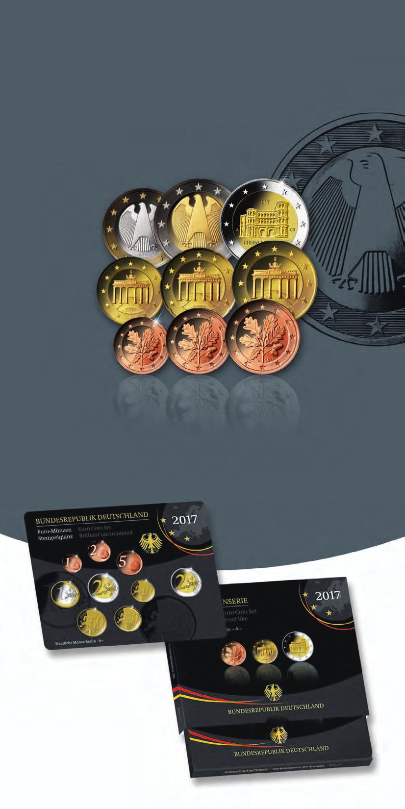 Kursmünzenserien 2017 1-Cent- bis 2-Euro-Kursmünzen Prägestätten: Berlin (A), München (D), Stuttgart (F), Karlsruhe (G), Hamburg (J) /Stempelglanz limitiert auf max. 27.000 Stück*/max.