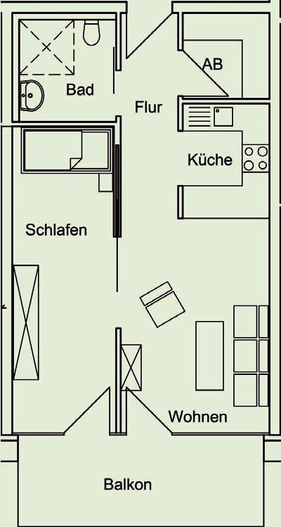 Zimmer: Schlafzimmer (14,59 m 2 ) Wohnzimmer (15,16 m 2 ) Küche (4,49 m 2 ), Bad (5,52 m 2 ), Flur (5,39 m 2 ), Abstellraum (3,47 m