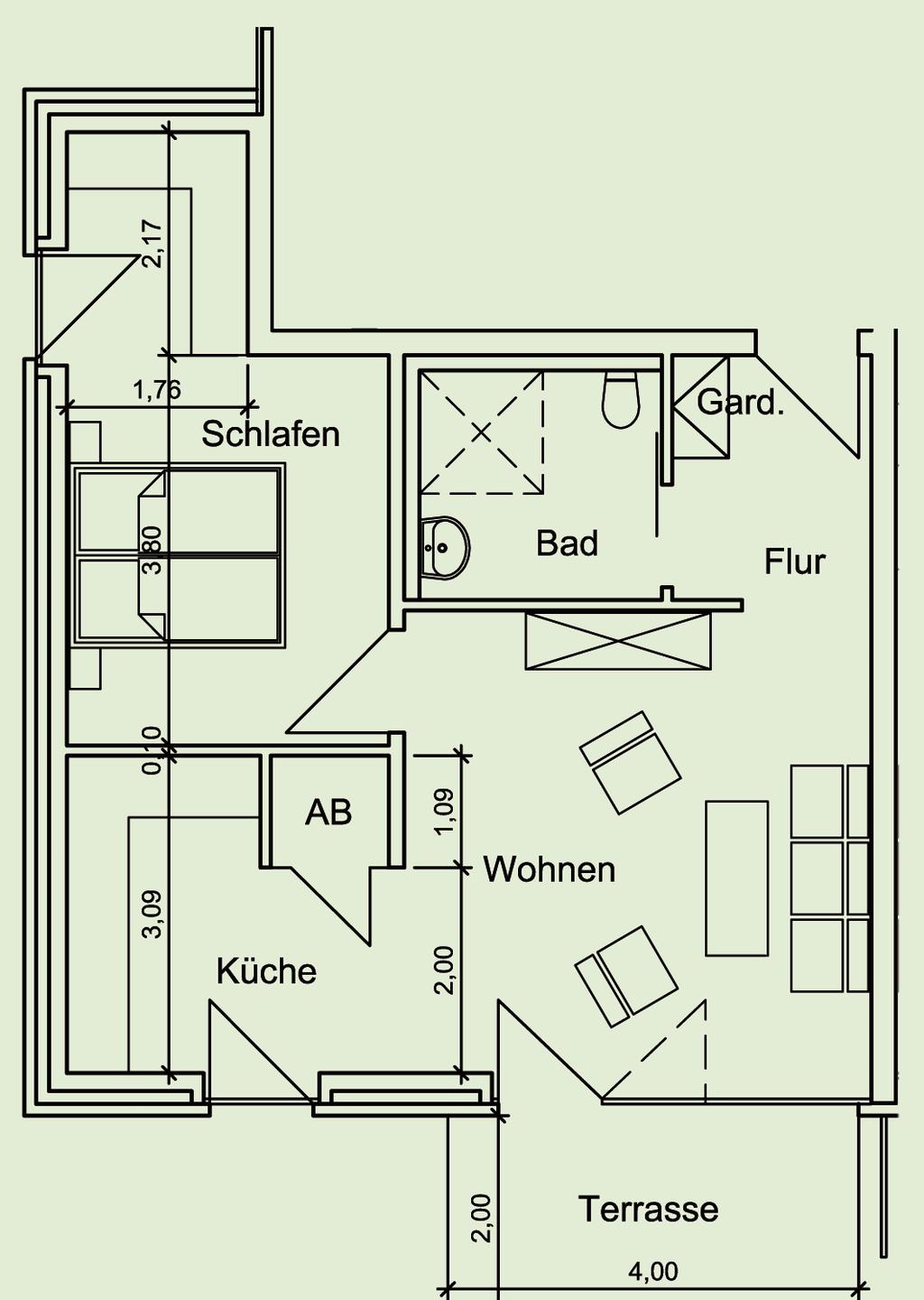 Zimmer: Schlafzimmer (15,74 m 2 ) Wohnzimmer (20,95 m 2 ) Küche (8,71 m 2 ), Bad (5,79 m 2 ), Flur (3,87 m 2 ), Abstellraum (1,22 m 2 ), Garderobe