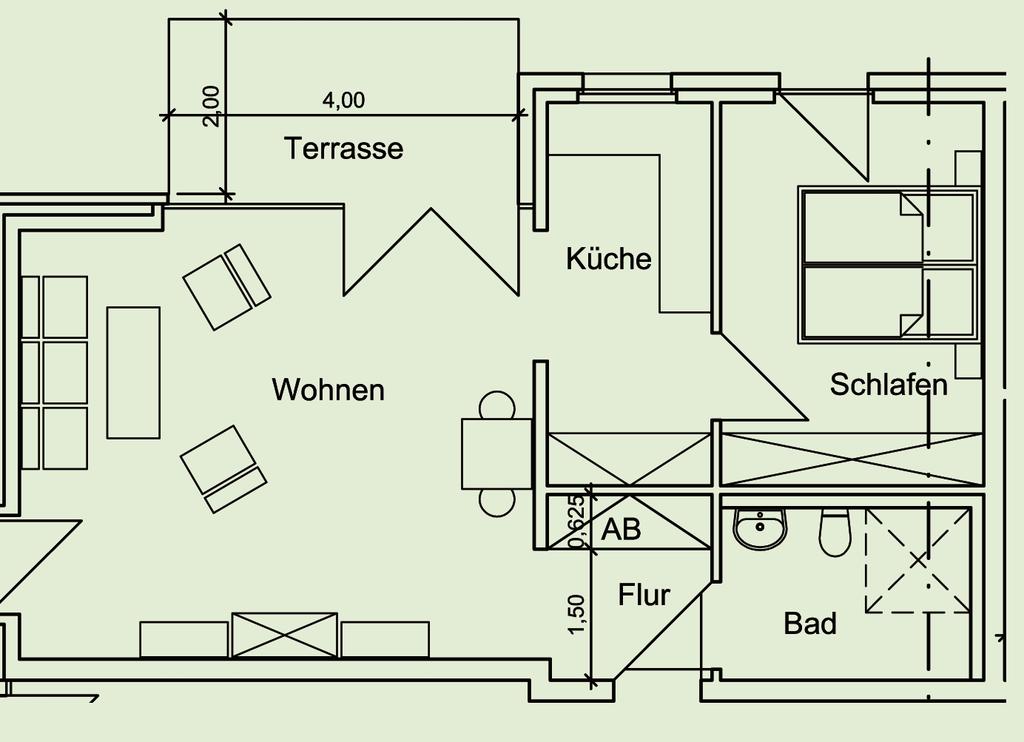 Zimmer: Schlafzimmer (13,20 m 2 ) Wohnzimmer (29,64 m 2 ) Küche (8,08 m 2 ), Bad (6,19 m 2 ), Flur (2,73 m 2 ), Abstellraum (1,16 m 2 ),