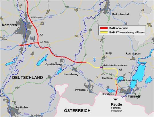 Autobahndirektion Südbayern Informationen zu aktuellen Baumaßnahmen Bundesautobahn A 7 Nesselwang - Füssen Verkehrsbedeutung Die Bundesautobahn A 7 ist mit derzeit 945,6 km die längste deutsche