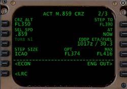 Nachdem die Boeing 747 auf der Reiseflughöhe FL350 angekommen ist, sollte die Maschine anhand des eingegebenen COSTINDEX von 100 eine Reisefluggeschwindigkeit mit M.843 fliegen.