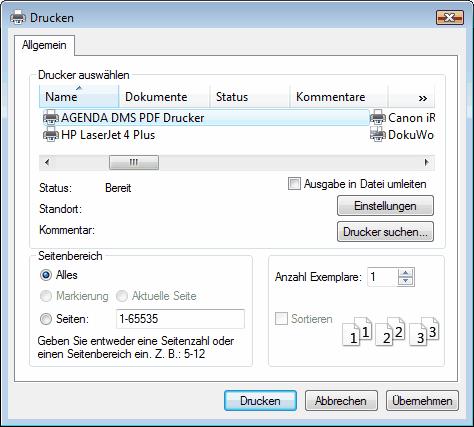 Druckfunktion in jedem beliebigen Fremdprogramm ein Dokument als PDF-Datei im Programm DMS ablegen.