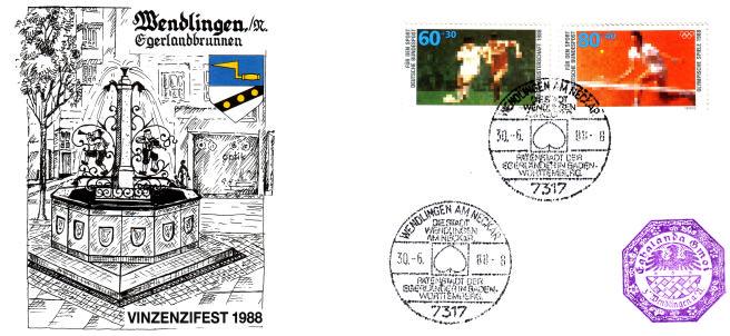 Ausgabe 1988, Satz 3 Motiv: Einweihung des Egerlandbrunnen in Wendlingen Werbestempel: Signet der Patenstadt der Egerländer Wendlingen a.