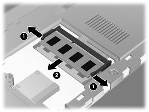 b. Fassen Sie das Speichermodul an den Kanten (2), und ziehen Sie es dann vorsichtig aus dem Speichersteckplatz.