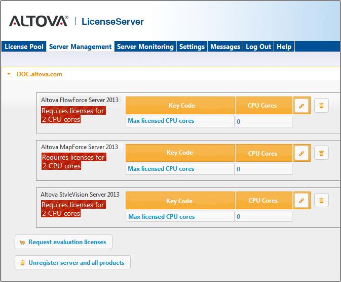 Altova LicenseServer Referenz zur Konfigurationsseite 57 2.6.2 Server Management Auf dem Register Server Management (Abbildung unten) können Sie registrierten Produkten Lizenzen zuweisen.