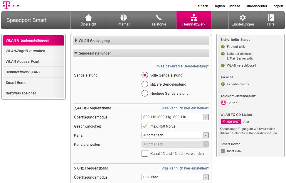 WLAN-Sendeleistung einstellen 1 2 Wir empfehlen die WLAN-Sendeleistung entsprechend den räumlichen Gegebenheiten, in denen sich Ihr kabelloses Heimnetzwerk befindet, anzupassen.