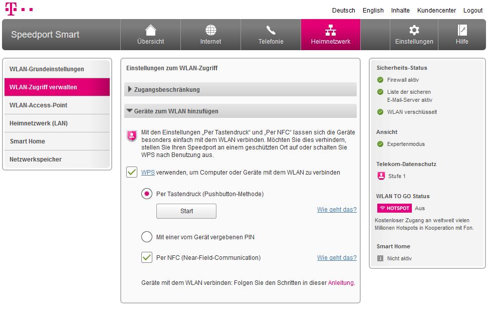 WLAN-Geräte über WPS verbinden - Pushbutton-Methode 1 2 Sie können netzwerkfähige Geräte über WPS (Wireless Protected Setup) mit Ihrem kabellosen Heimnetzwerk verbinden.