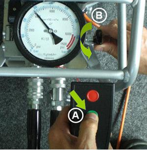 Druckeinstellventils lösen, die Pumpe einschalten: Betriebs- Taste (A) der Fernbedienung drücken und gedrückt halten.