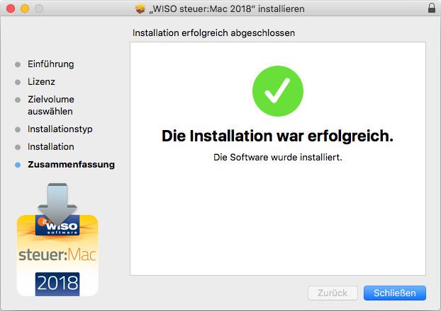 der Zusammenfassung die erfolgreiche Installation der Software.