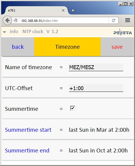 Menü Timezone : Hier können Sie einstellen, ob und wann die Uhr eine Sommer-/Winterzeitumstellung vollzieht und ob ein Versatz zur UTC dargestellt wird.