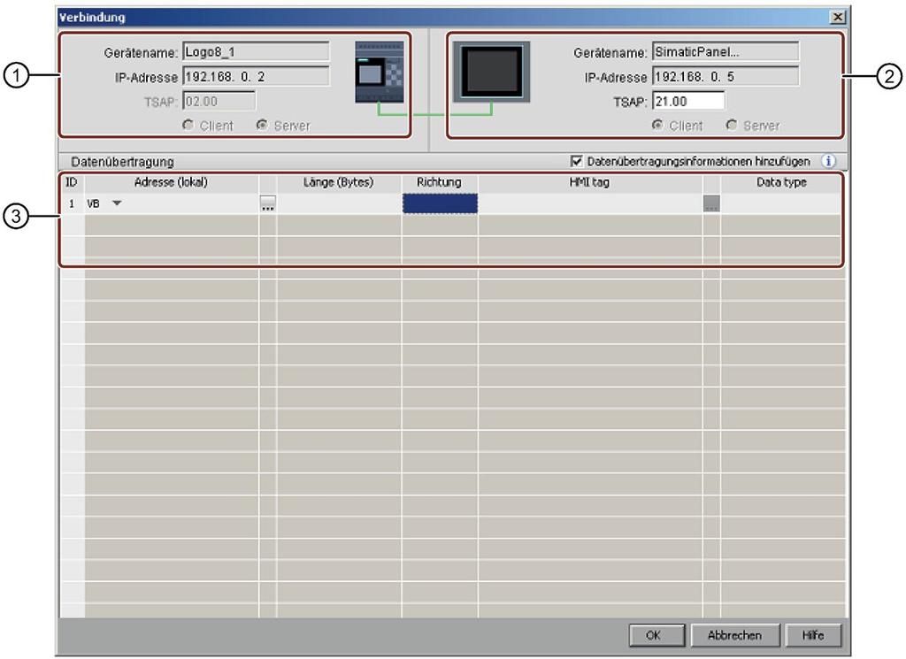 Tutorial 3.4 Kurzanleitung zur Projekterstellung Hinweis Wenn Sie den dynamischen Anschluss mit einem Modbus-kompatiblen Gerät verbinden, werden die Server-/Client-Kontrollkästchen von LOGO!