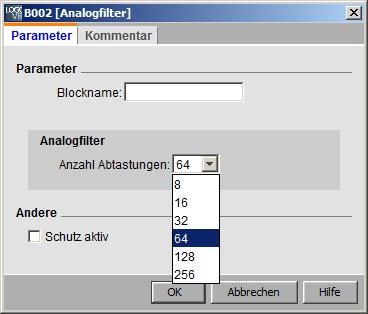 Nachschlagen 5.3 Sonderfunktionen Kurzbeschreibung Der Funktionsblock "Analogfilter" dient zum Glätten des analogen Eingangssignals.