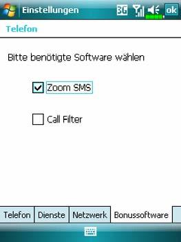 Tippen Sie auf Menü, Optionen und dann auf das Register Bonussoftware. 1. Achten Sie darauf, dass SMS-Zoom ausgewählt ist.