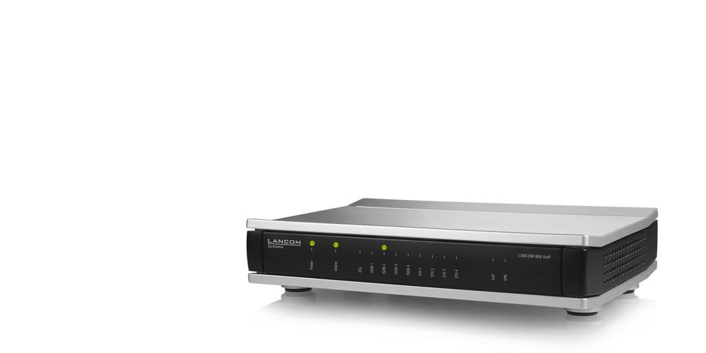 All-IP- & VoIP-Router LANCOM 884 VoIP Business-VoIP-Router für die sichere All-IP-Migration, Telefonie und Highspeed-Internet über VDSL2 / ADSL2+ an einzelnen Standorten Der LANCOM 884 VoIP