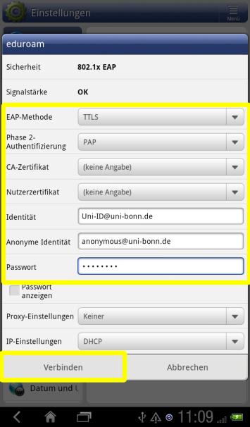 Bitte geben Sie nun folgende Parameter ein: EAP-Methode: TTLS Phase-2-Authentifizierung: PAP CA-Zertifikat: Telekom Nutzerzertifikat: keine Angabe Identität: verwenden